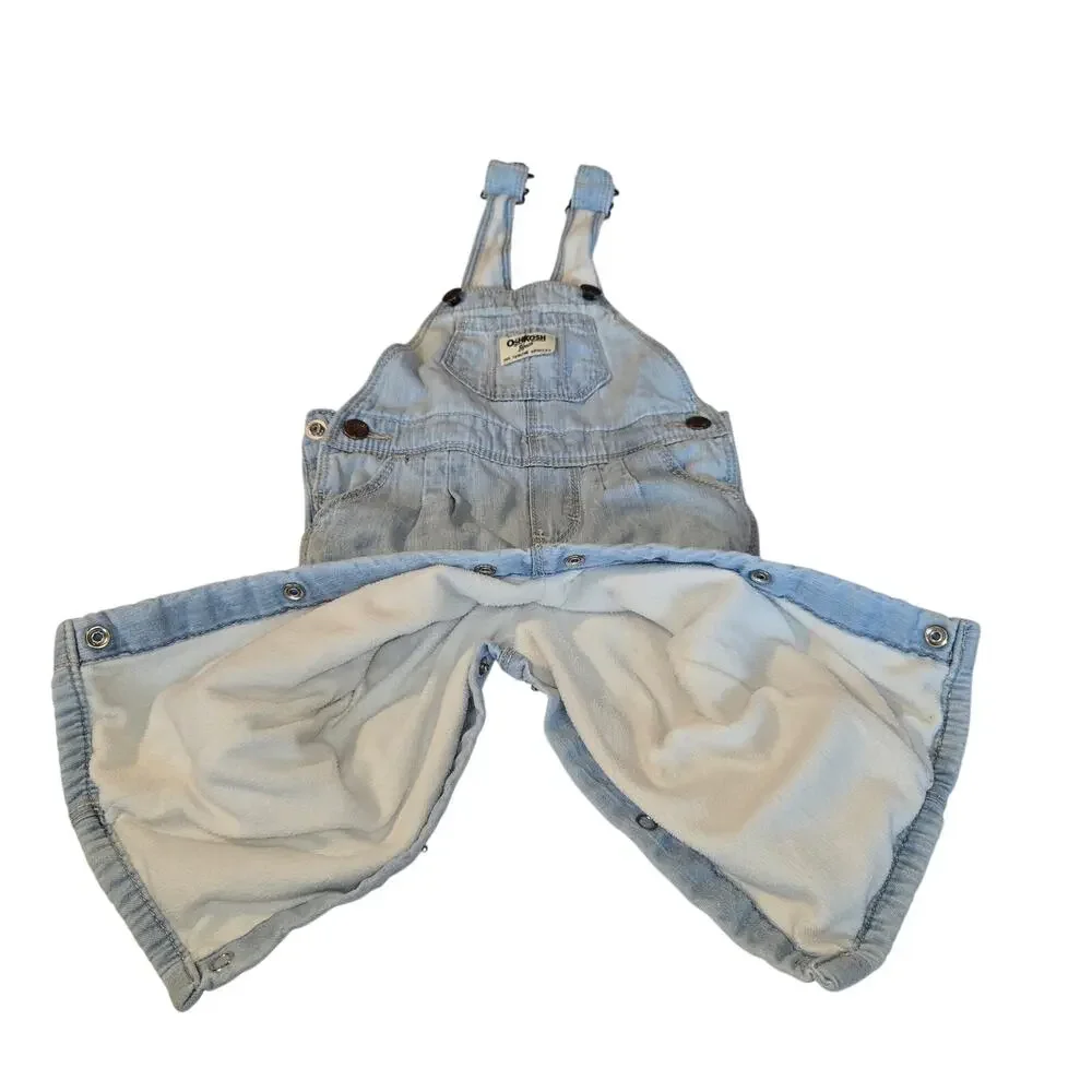 Oshkosh B'gosh 9 Month Blue Denim Lined Overalls Vestbak Baby Infant Snap Inseam